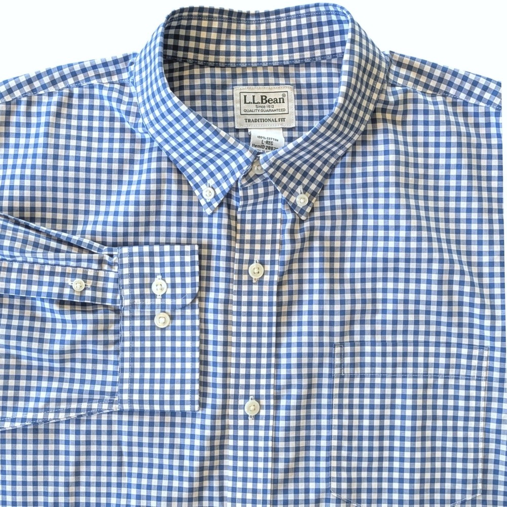 LL Bean Mens Wrinkle-Free Kennebunk Sport Shirt Traditional Fit Blue White Large